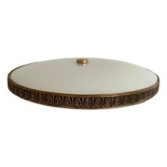 Opal Glass Round Flush Mount with Aged Brass Pattern Trim by Lumi, 1960s, Italy
