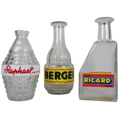  Authentic Vintage French Bistro Liquor Advertising Glass Carafes, Set of Three