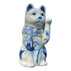 Japanese Big Antique Blue And White Hand-Painted Good Fortune Money Cat