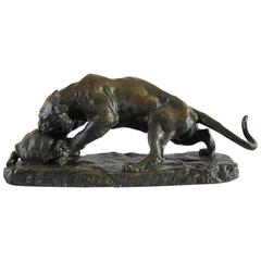 Antique Patinated Bronze Statue of a Tiger and a Turtle by Georges Gardet