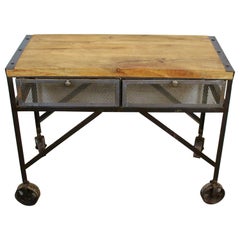 Banc de travail industriel vintage en fer et pin
