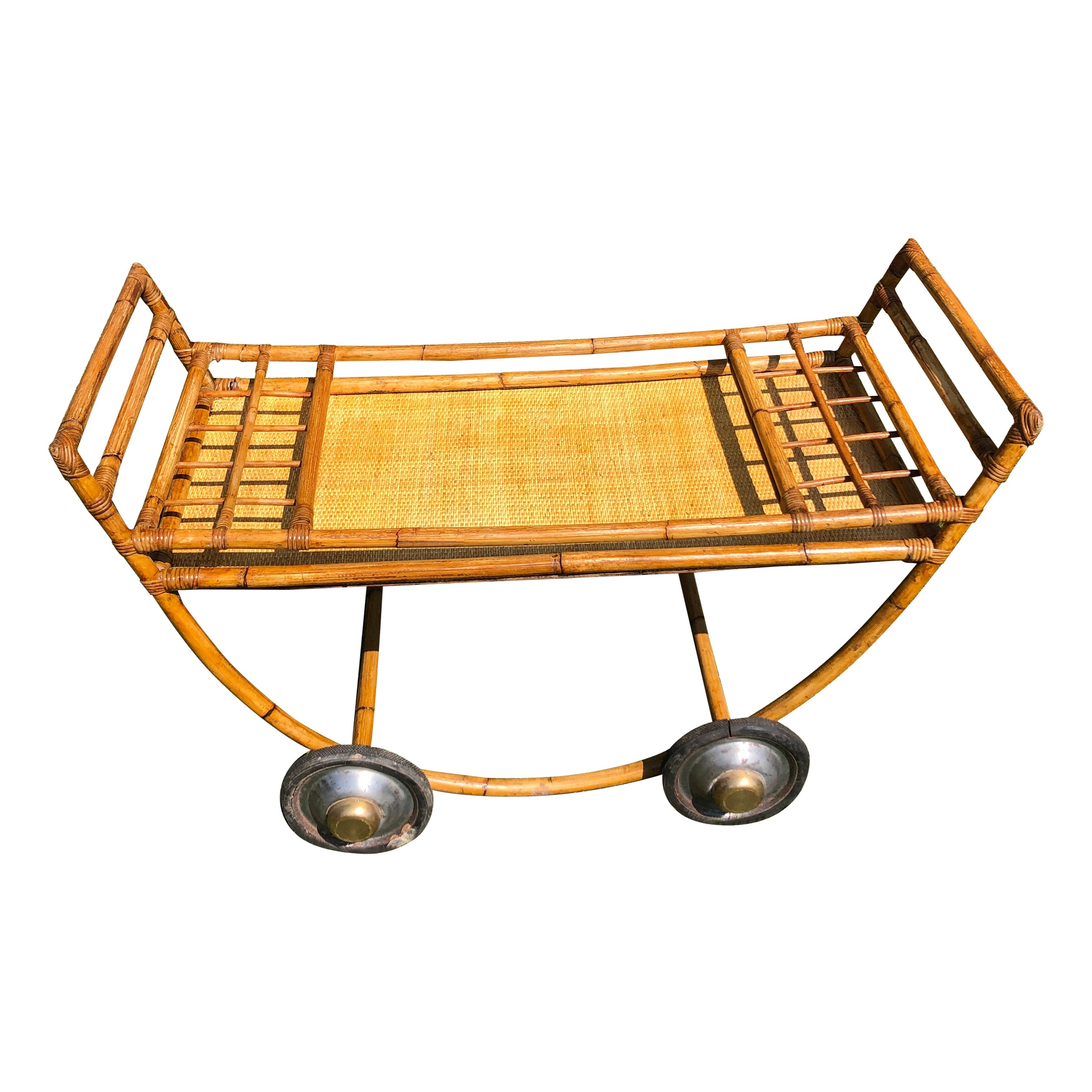 Großer Vintage-Barwagen aus Rattan mit Flaschenhaltern