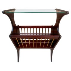 Vintage French Glass and Wood Folio Stand Magazine Rack, 1950s