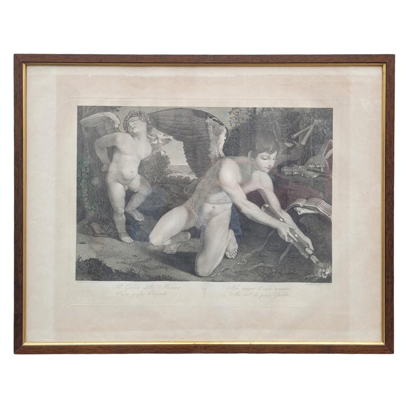G Longhi, Il Genio De La Musica - Cupido, Framed Engraving, 19th Century For Sale