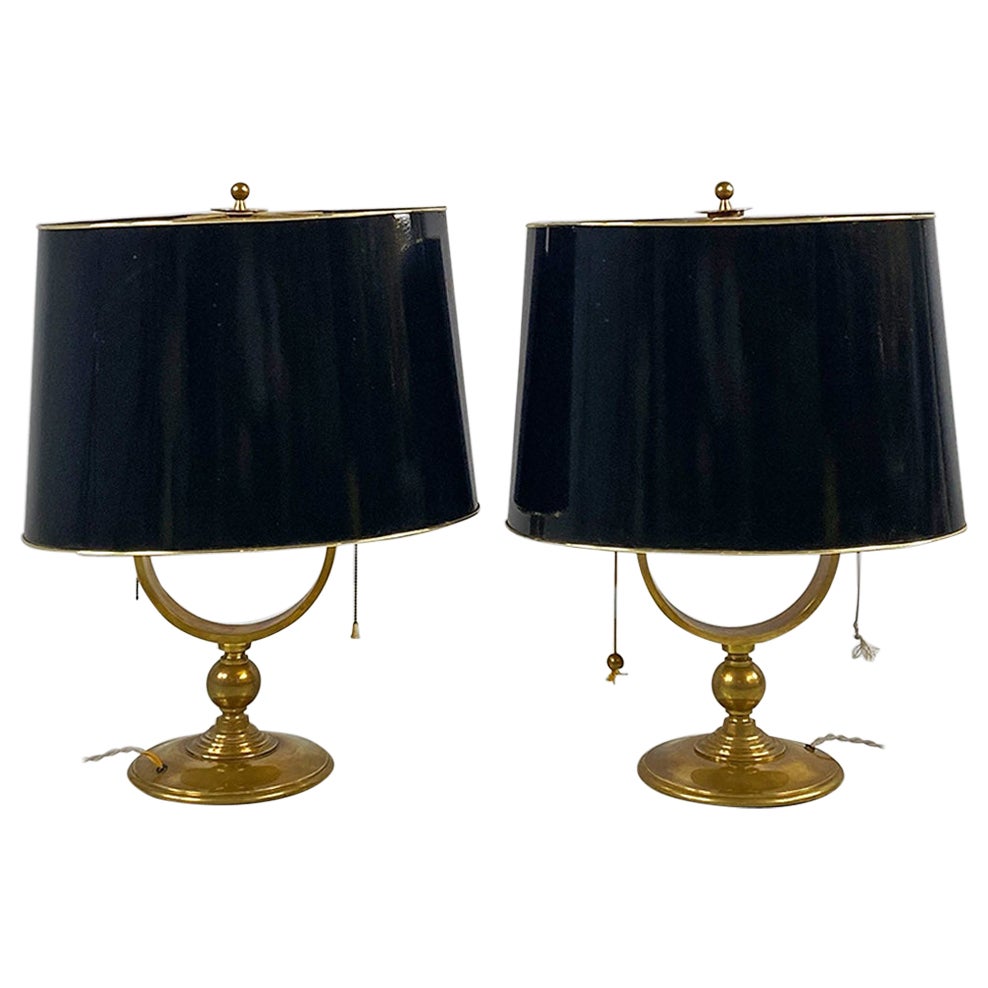 Italian mid century modern brass and black glossy abat jour or table lamps 1940s