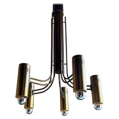 Brass and Wood Flush Mount Chandelier Angelo Brotto for Esperia, 1970s, Italy