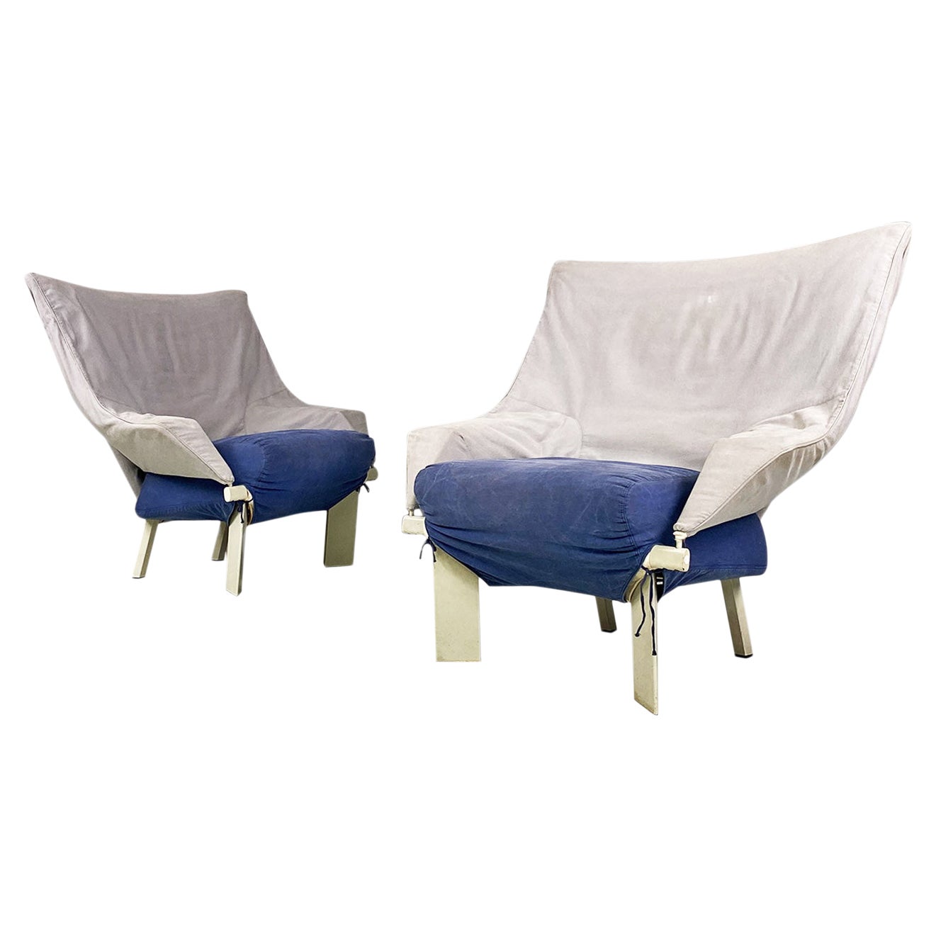 Italian post modern grey, blue fabric and white wood armchairs, 1980s
