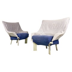 Italian post modern grey, blue fabric and white wood armchairs, 1980s