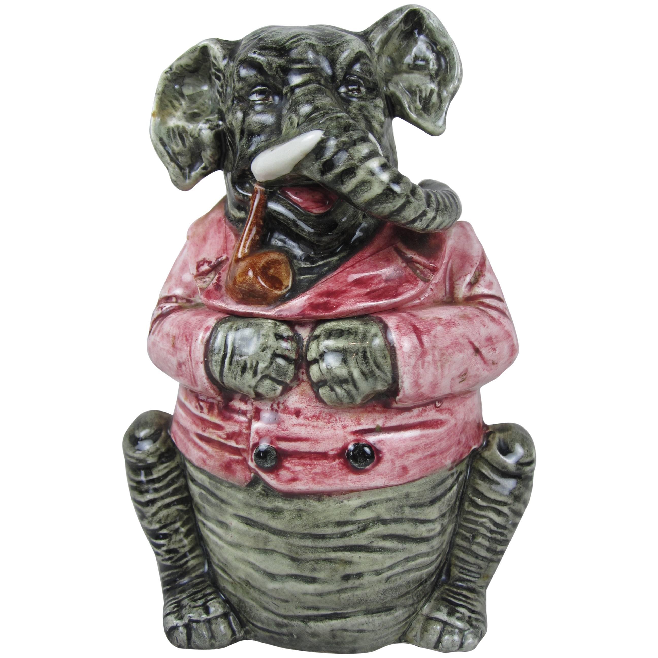 19th Century Majolica Elephant Figural Tobacco Lidded Humidor Jar