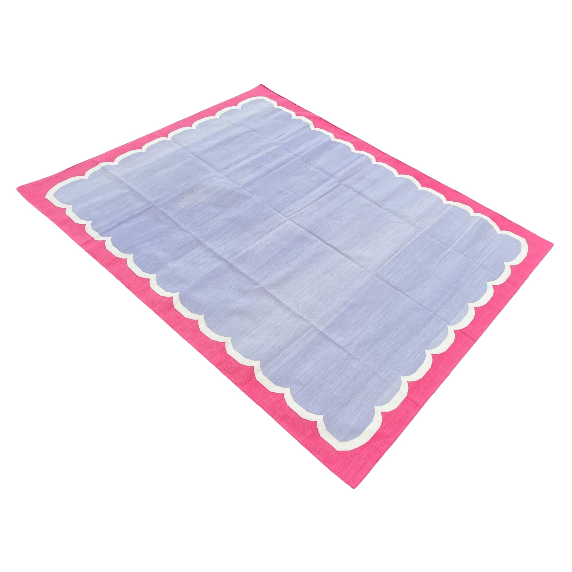 Handmade Cotton Area Flat Weave Rug, 8x10 Lavender, Pink Scallop Indian Dhurrie