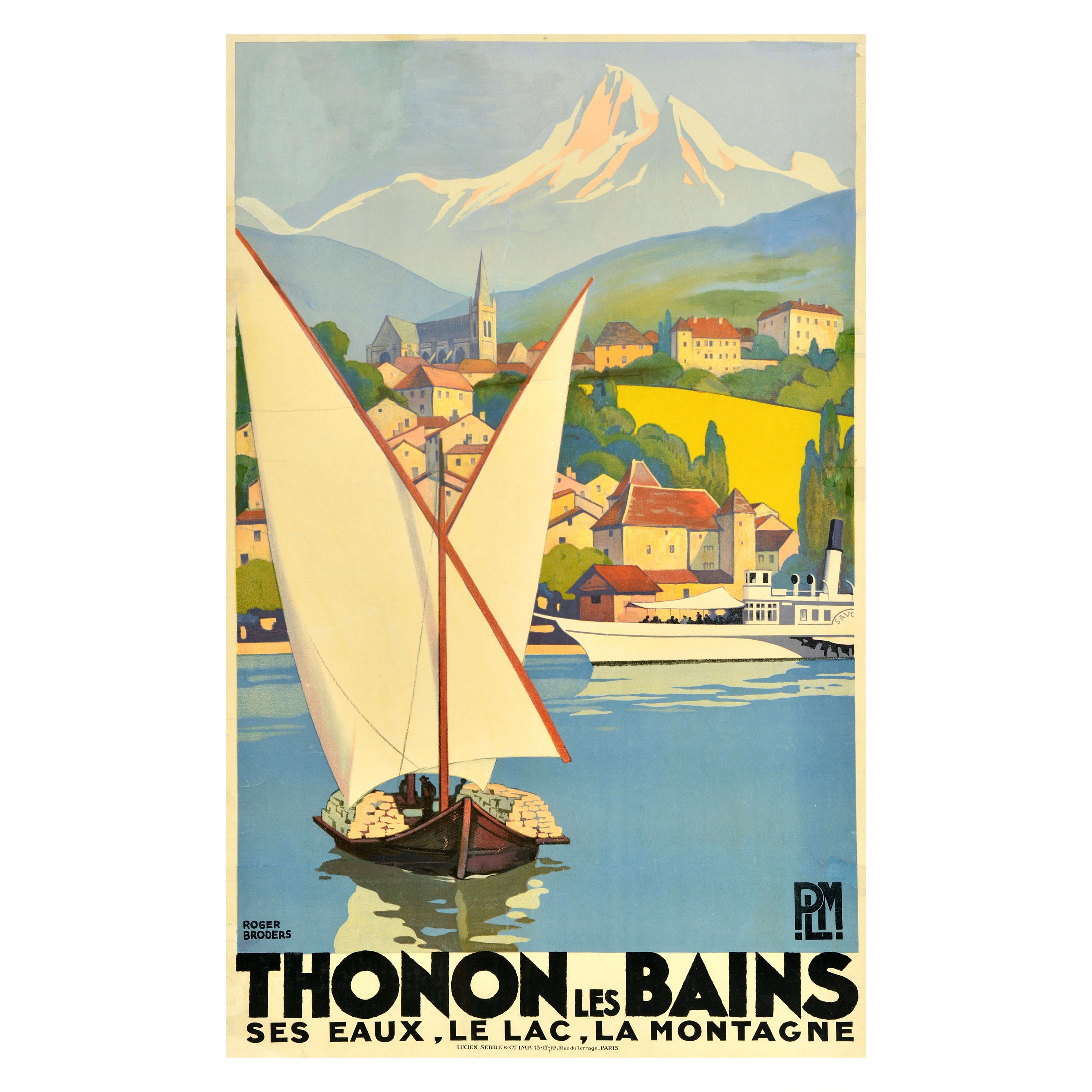 Poster di viaggio originale d'epoca Thonon Les Bains PLM Roger Broders Art Deco