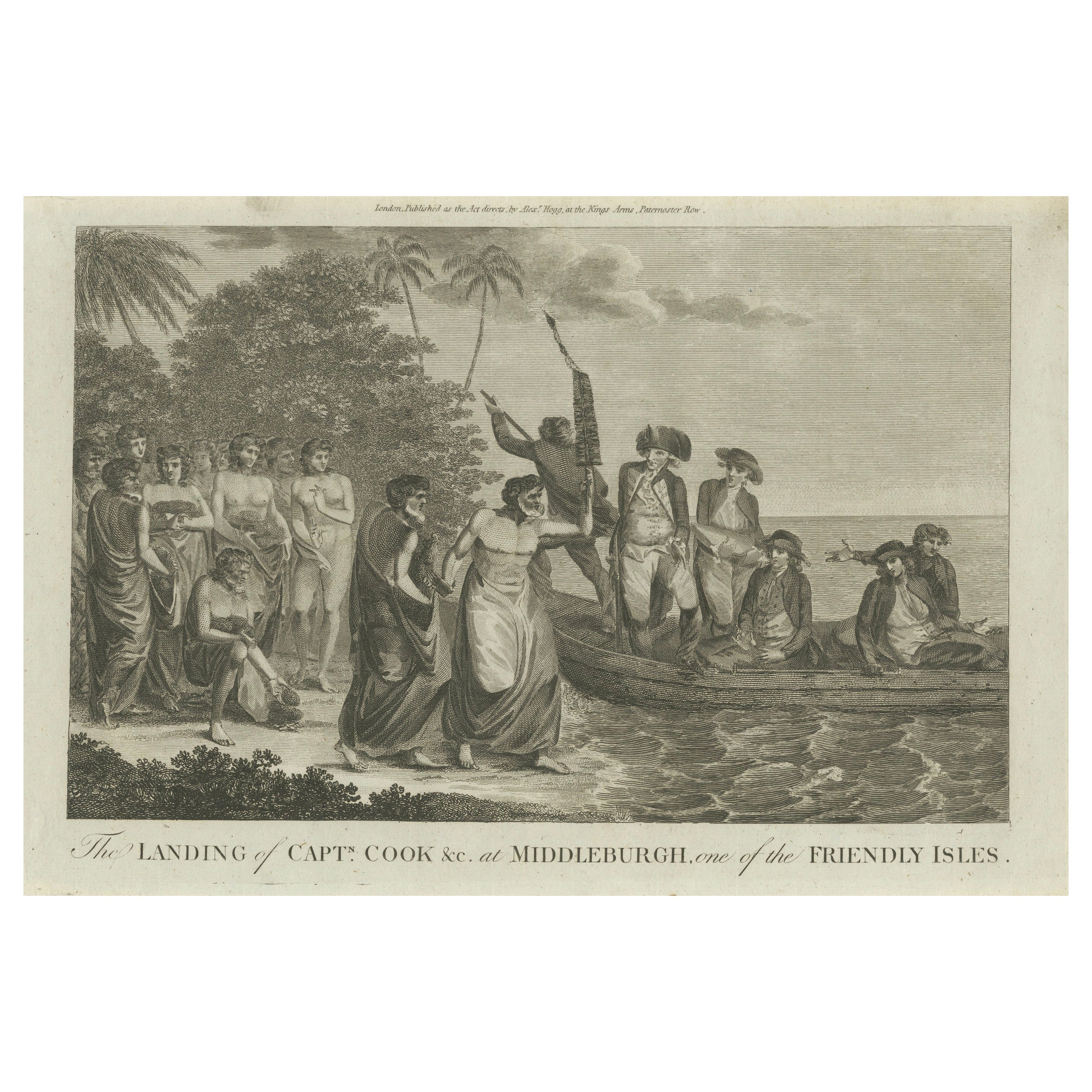 Lo sbarco del Capitano Cook a Middleburgh, nelle Isole Amiche (Incisione del XVIII secolo) in vendita