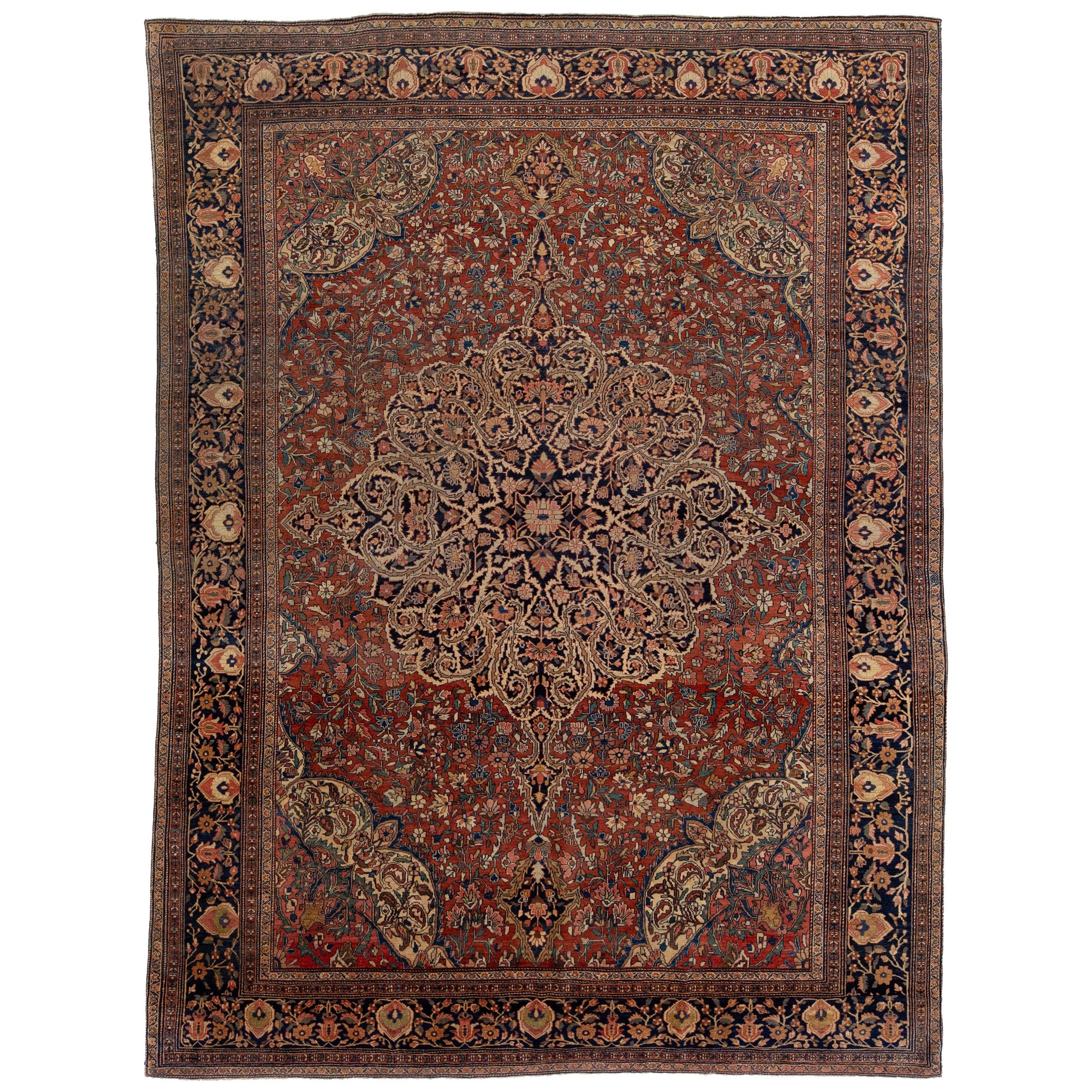 Alfombra persa antigua de lana oxidada Farahan de 1880 hecha a mano con diseño integral