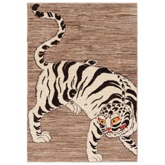 Rug & Kilim’s Contemporary Tiger Pictorial Rug in White and Black Tones