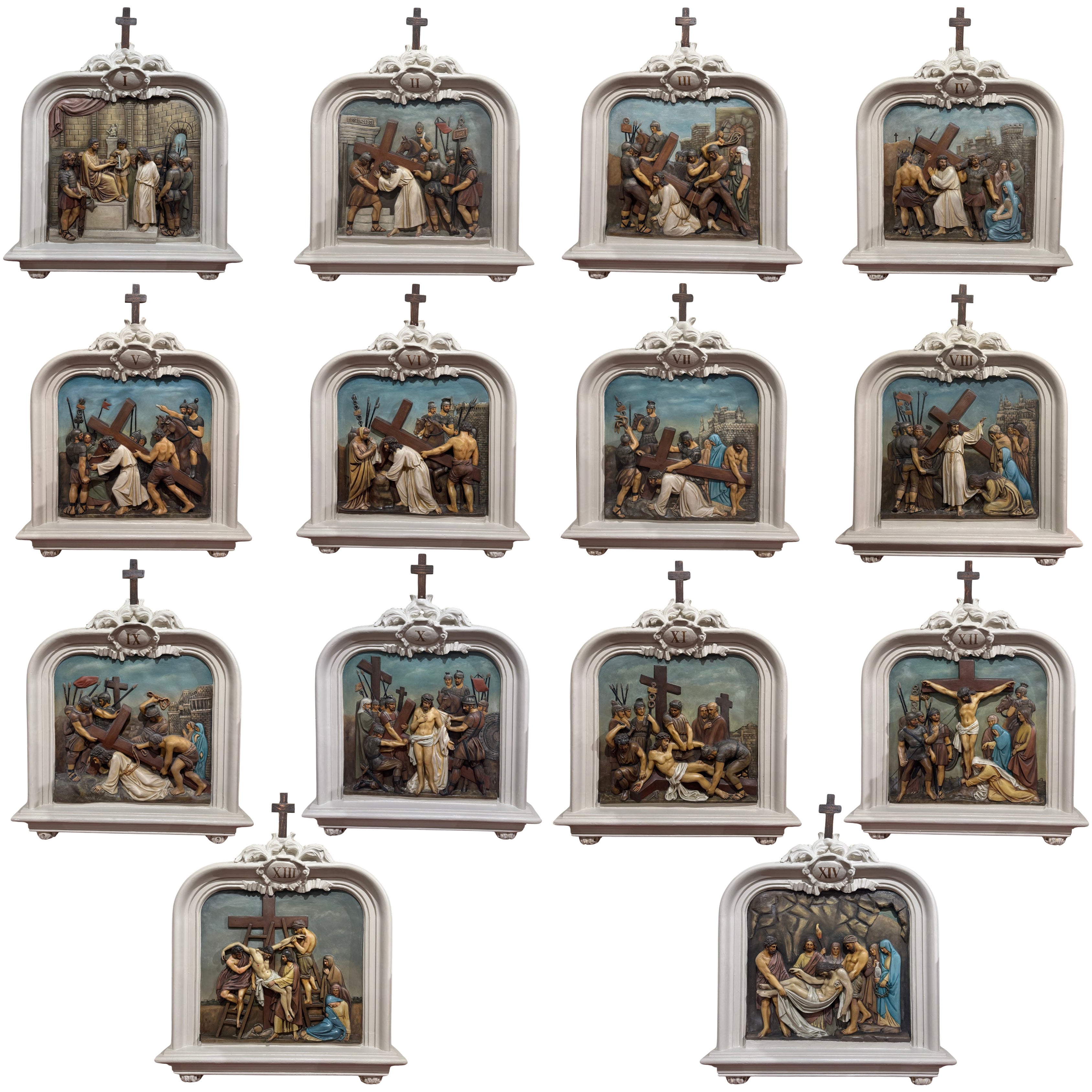 19th Century French Carved Painted "Stations of the Cross", Complete Set of 14 For Sale