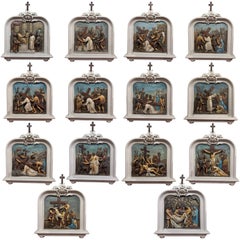 19th Century French Carved Painted "Stations of the Cross", Complete Set of 14