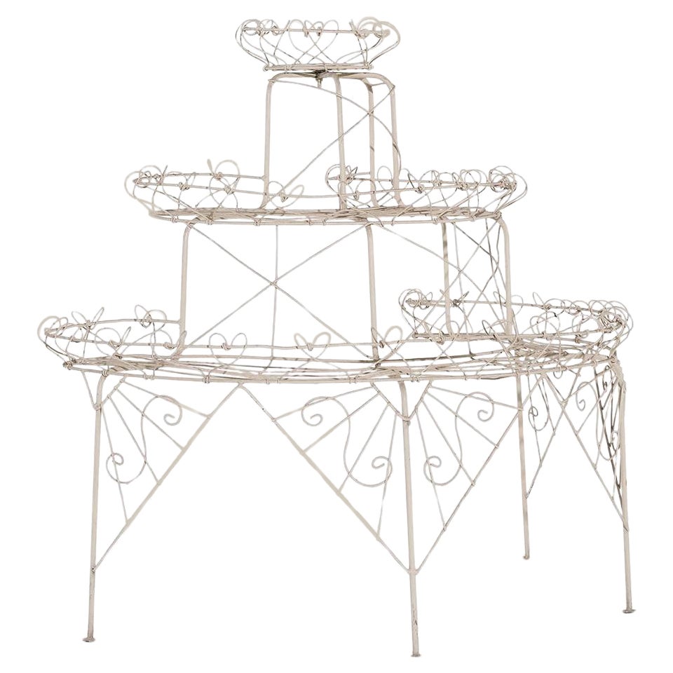 19th Century French Antique Demi-Lune White Wire Metal Plant Stand