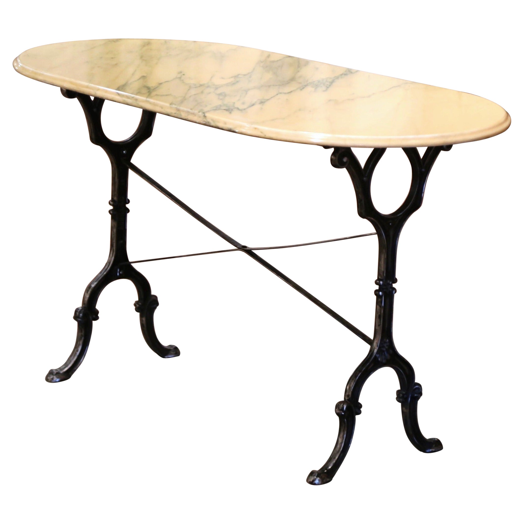 Mid-Century Französisch Oval Marmorplatte poliertem Eisen Bistrot Tisch