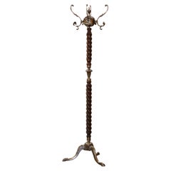 Early 20th Century French Walnut Barley Twist and Gilt Brass Standing Hall Tree