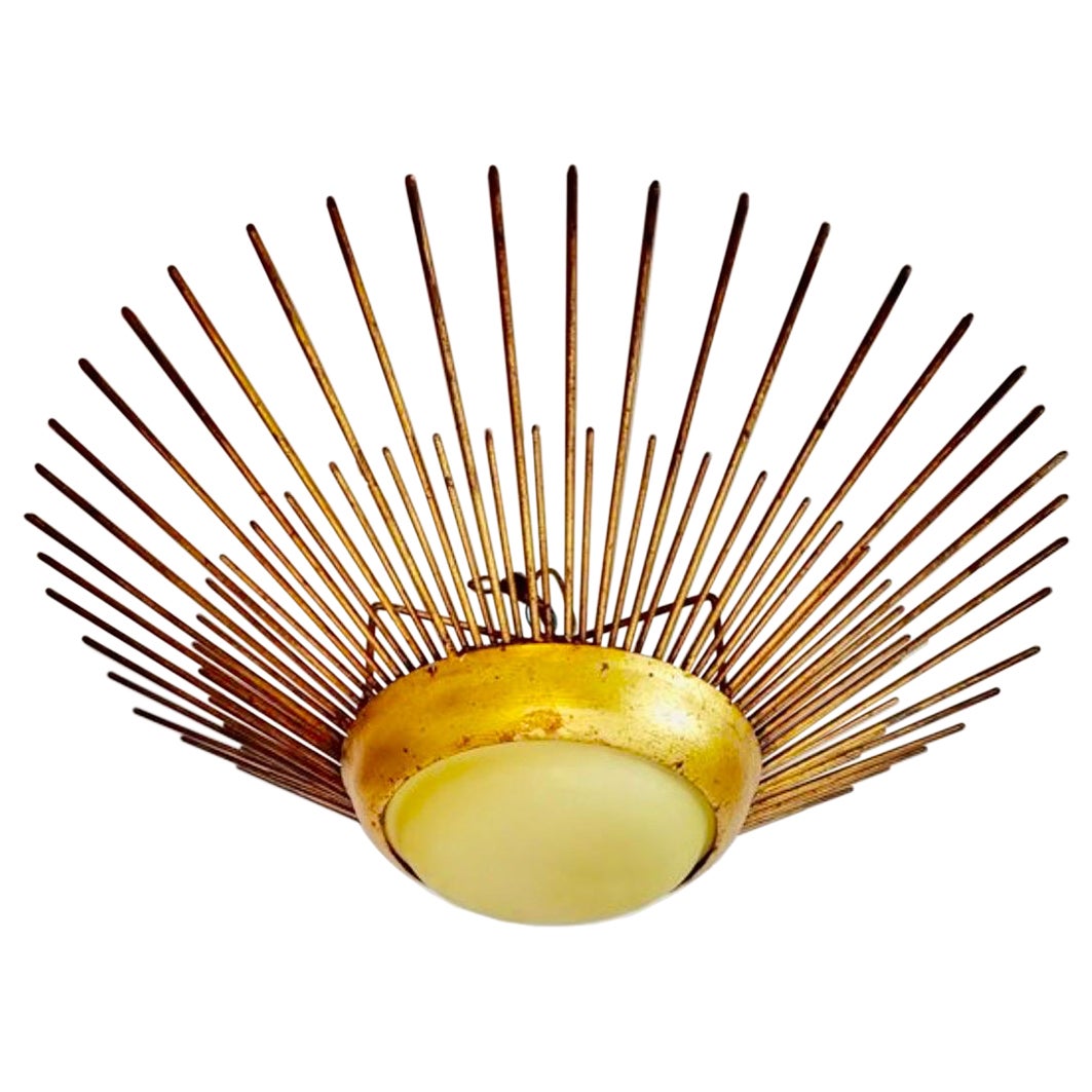 Crown Sunburst fixture in Gilt Metal and curve frost Glass 24 inch, circa 1950