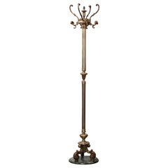 Early 20th Century French Gilt Brass Four-Hook Standing Hall Tree on Marble Base
