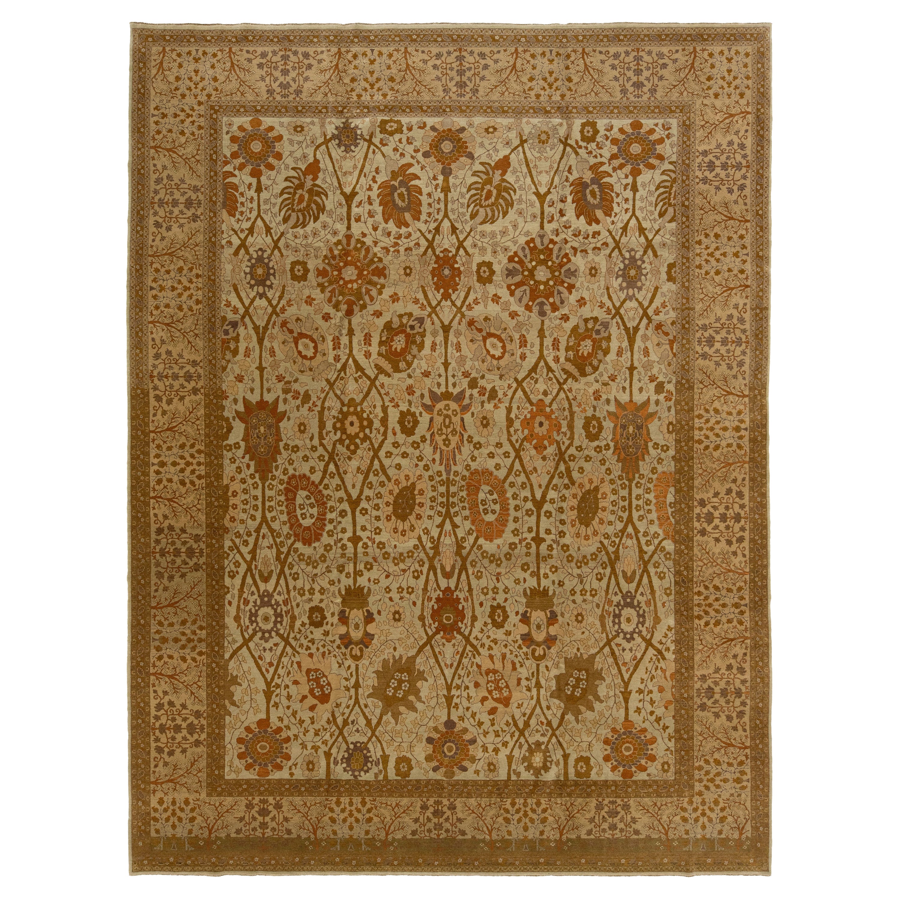 Allover Floral Persisch Tabriz Wolle Teppich in Beige aus den 1940er Jahren