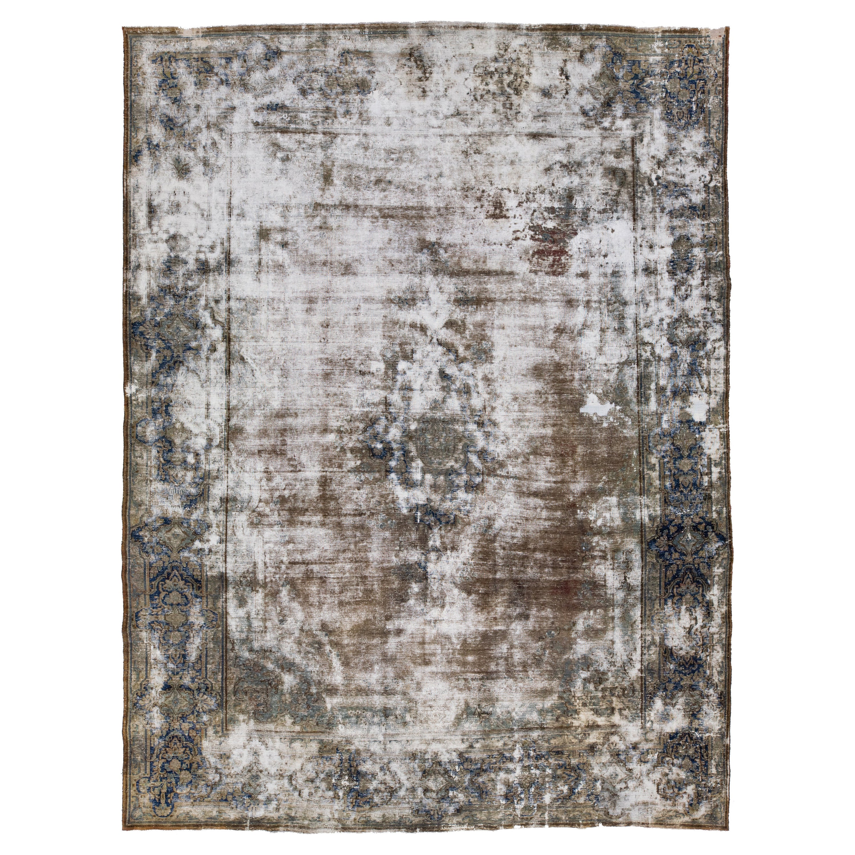 Vintage Distressed Kerman Persian Wool Rug Handmade in Brown