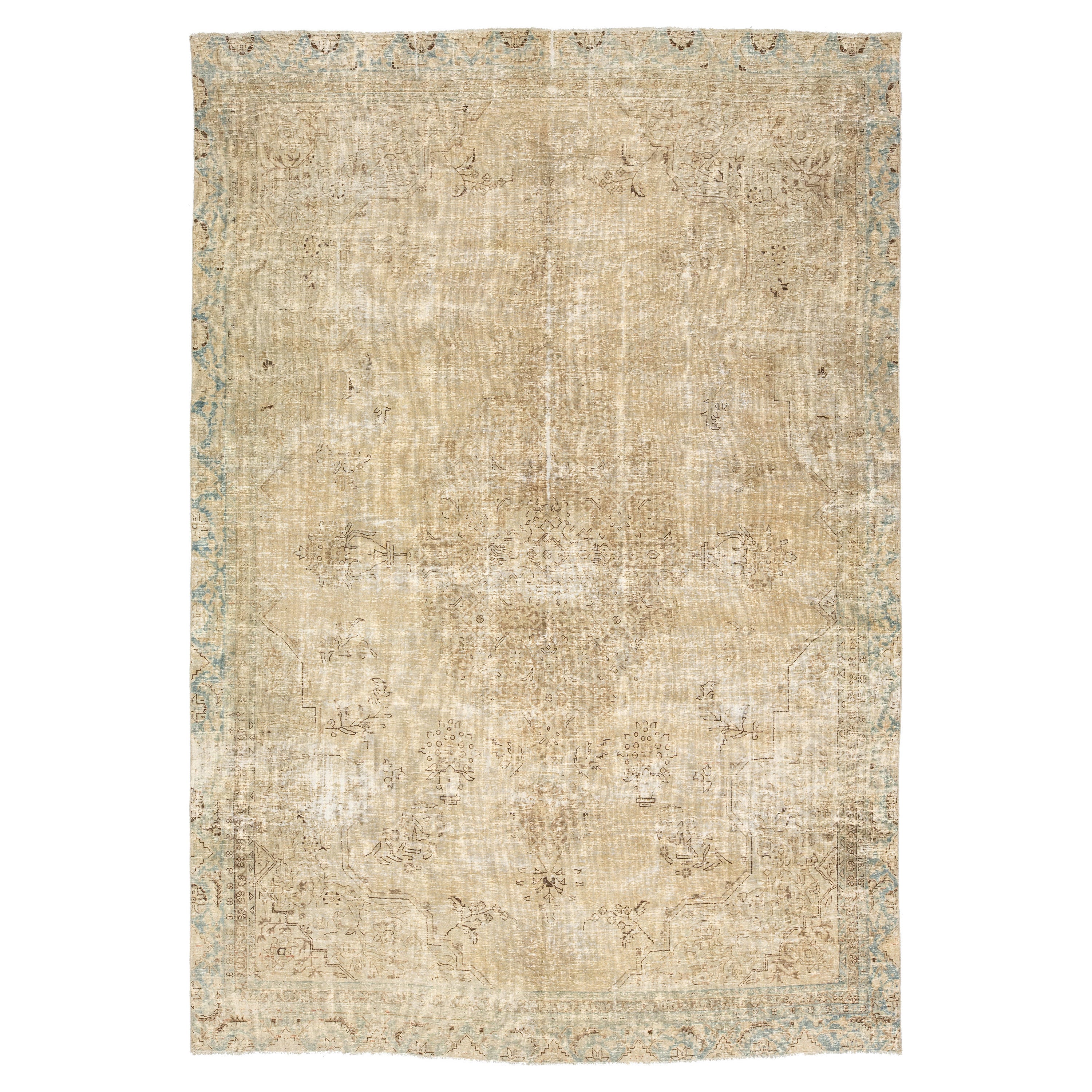Beige Antique Persian Tabriz Wool Rug With Rosette Motif