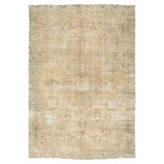 Beige Antique Persian Tabriz Wool Rug With Rosette Motif