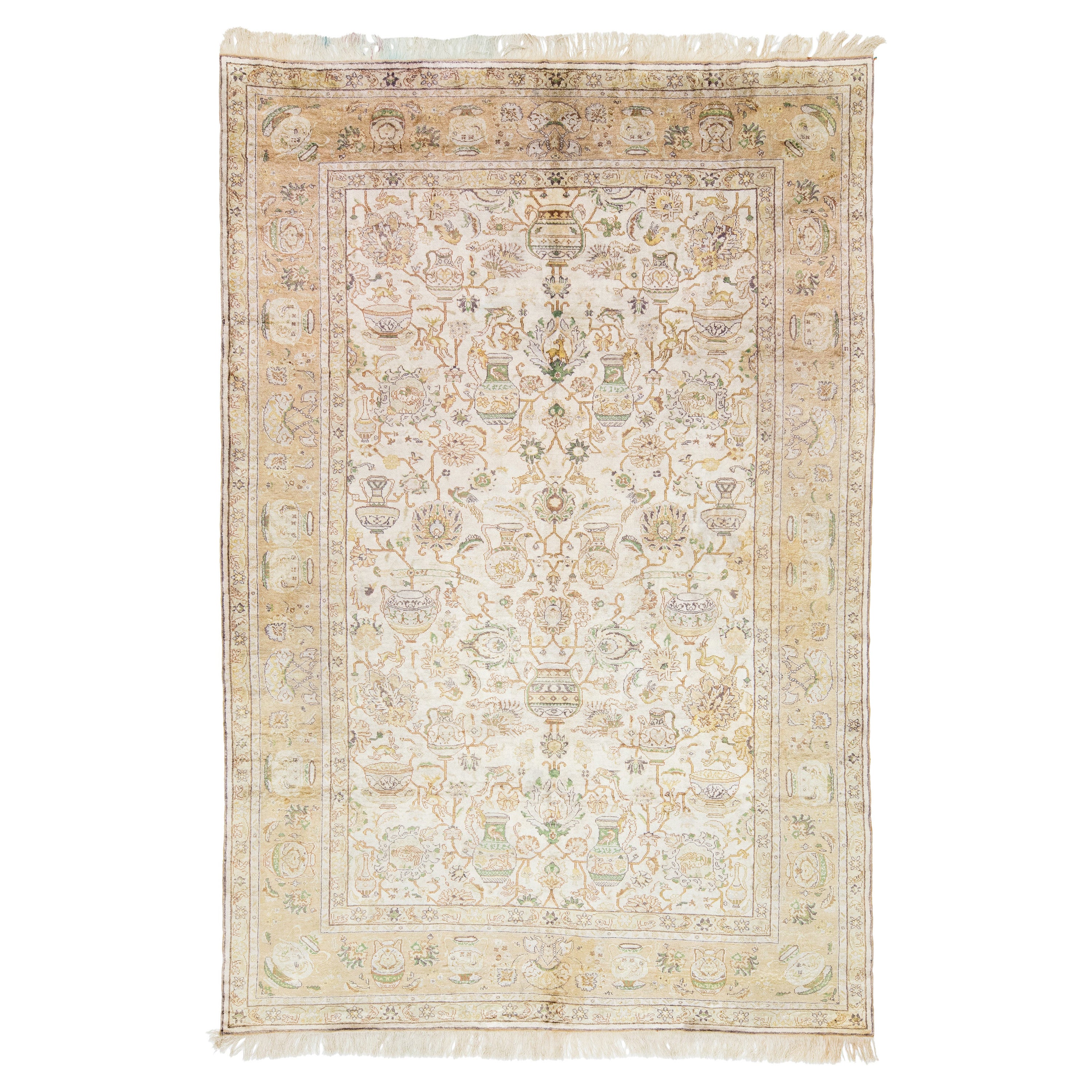 Alfombra turca vintage Kayseri de lana y seda hecha a mano en marfil con diseño floral en venta