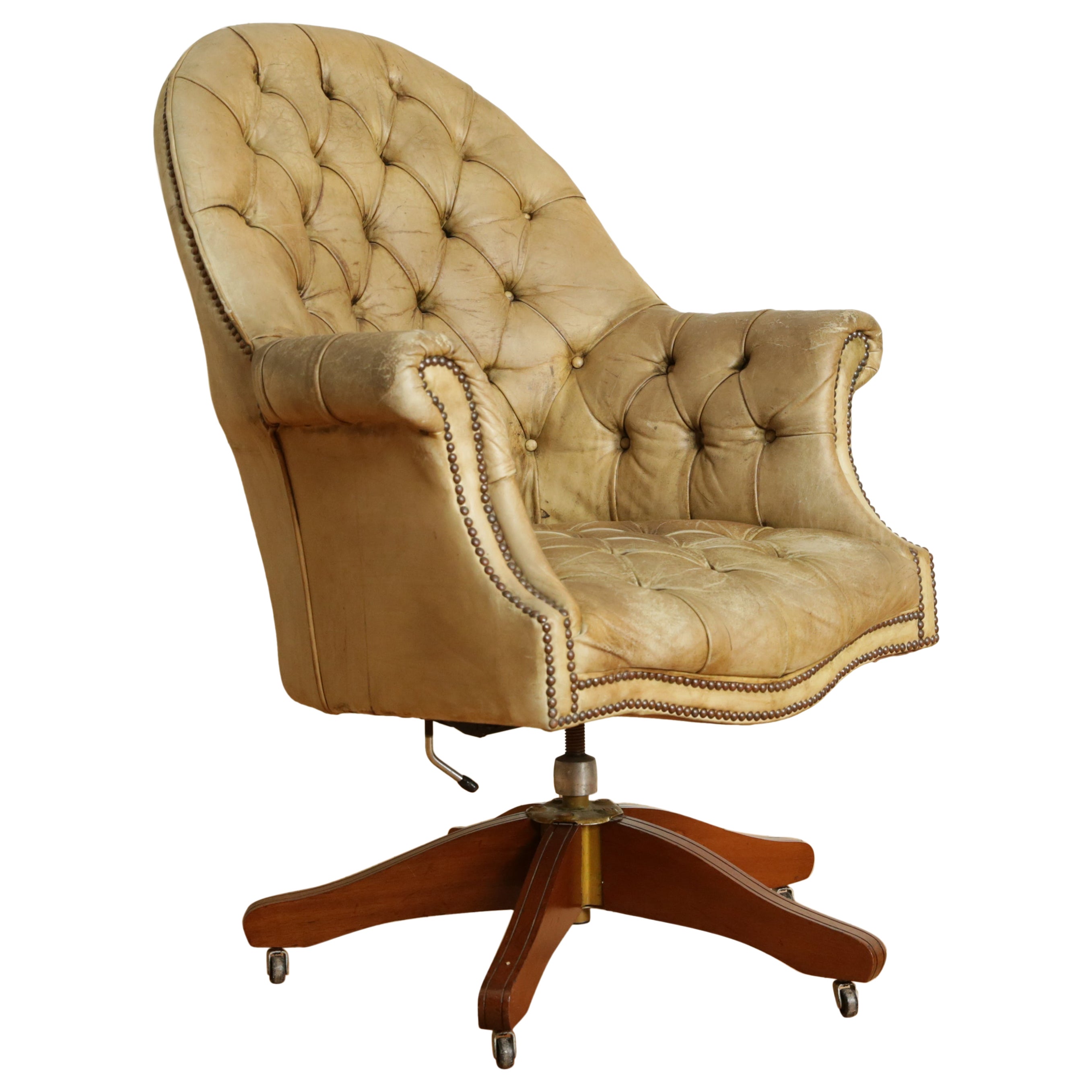 English Georgian Style Tufted Leather & Mahogany Swivel & Tilt Desk Bergere
