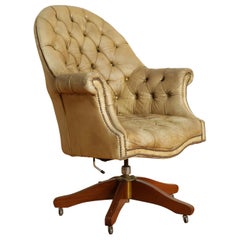 English Georgian Style Tufted Leather & Mahogany Swivel & Tilt Desk Bergere