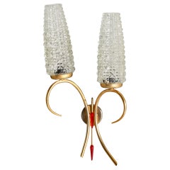French Designer, Wall Light, Brass, Glass, France, 1950s