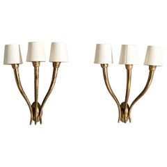 Guglielmo Ulrich Attribution, Wall Lights, Brass, Fabric, Italy, 1940s