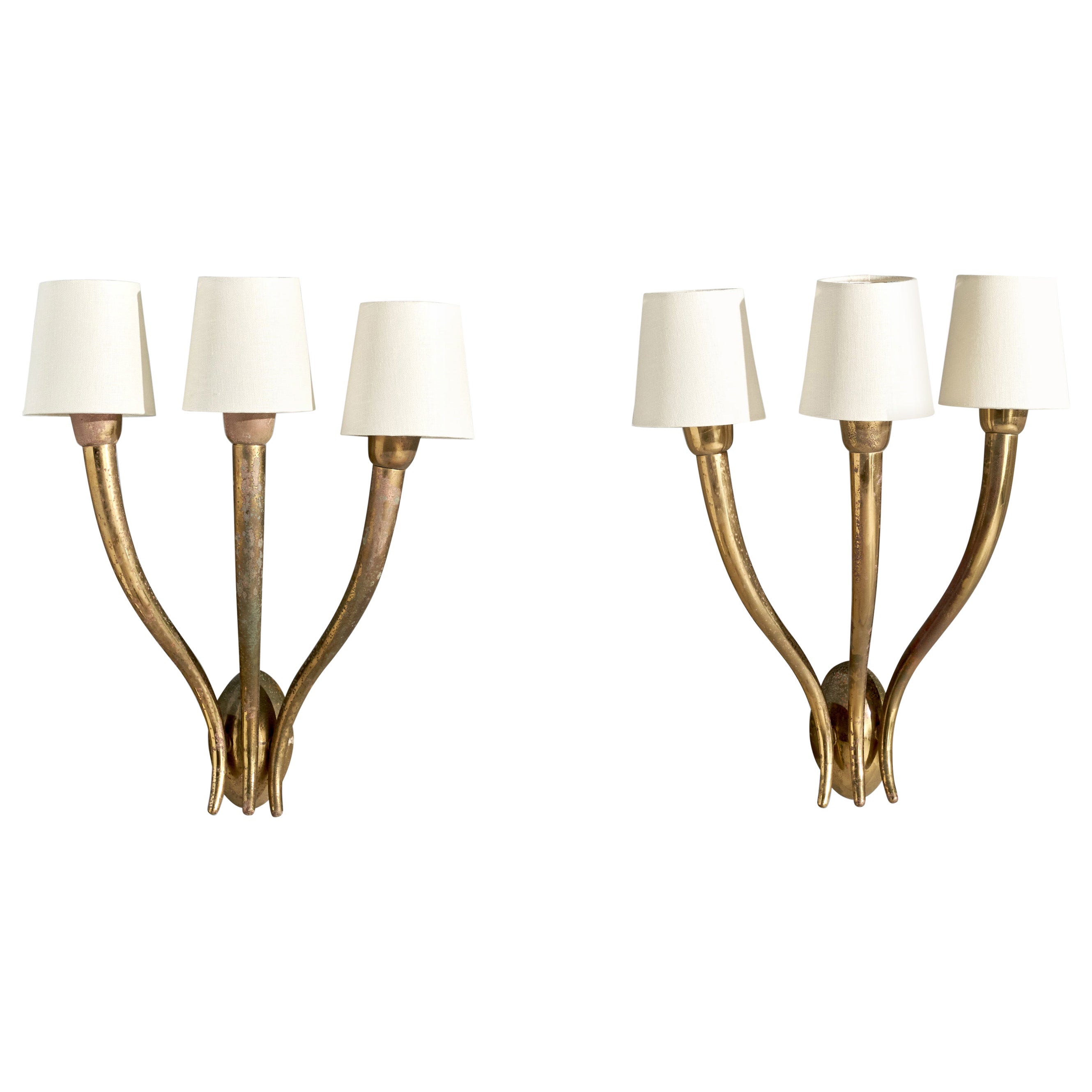 Guglielmo Ulrich Attribution, Wall Lights, Brass, Fabric, Italy, 1940s