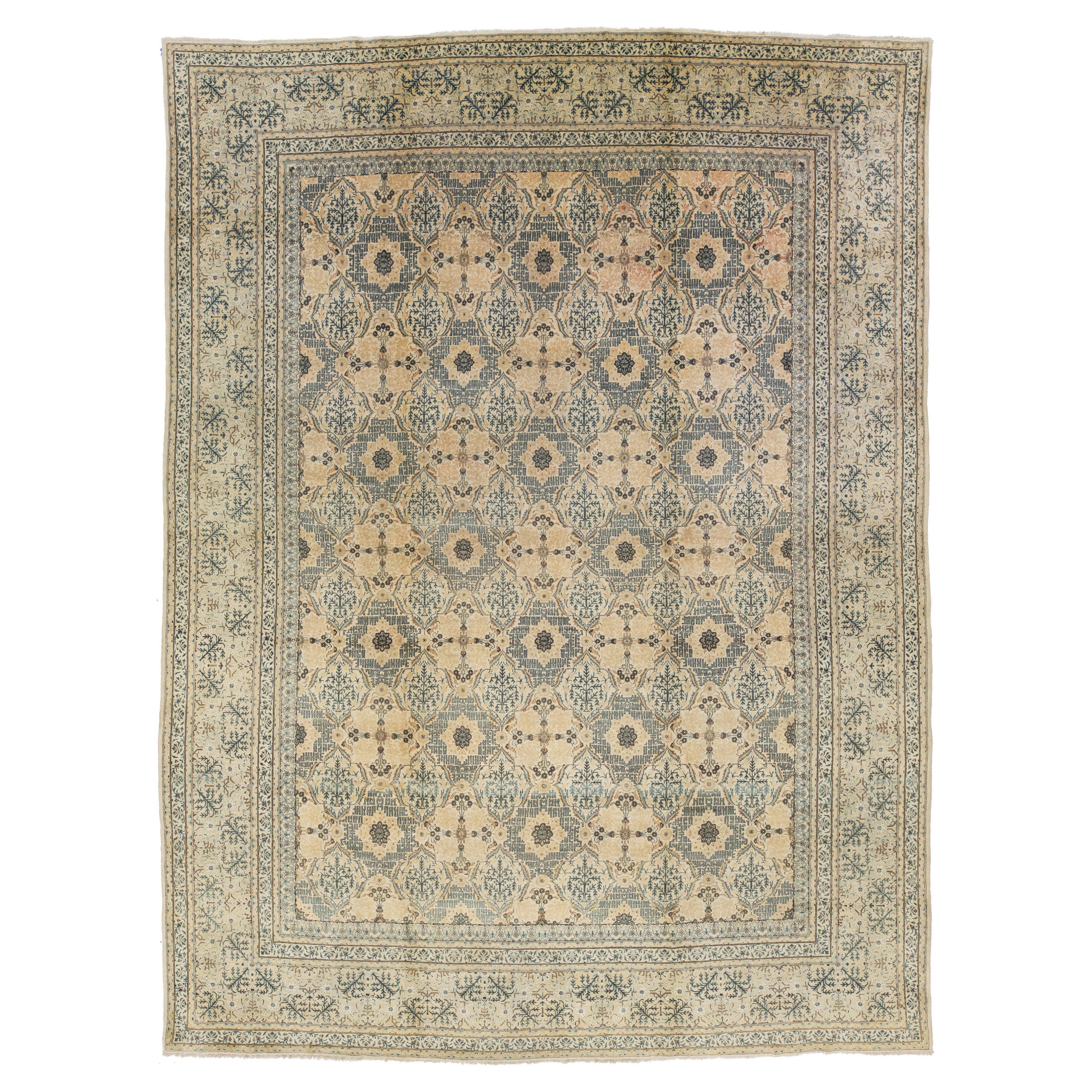 Handmade Antique Kashan Designed Wool Rug in Beige