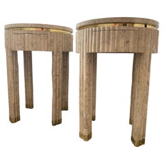 Pair Vintage Tessellated Fluted Tan Marble Side/End Tables Brass Maitland Smith