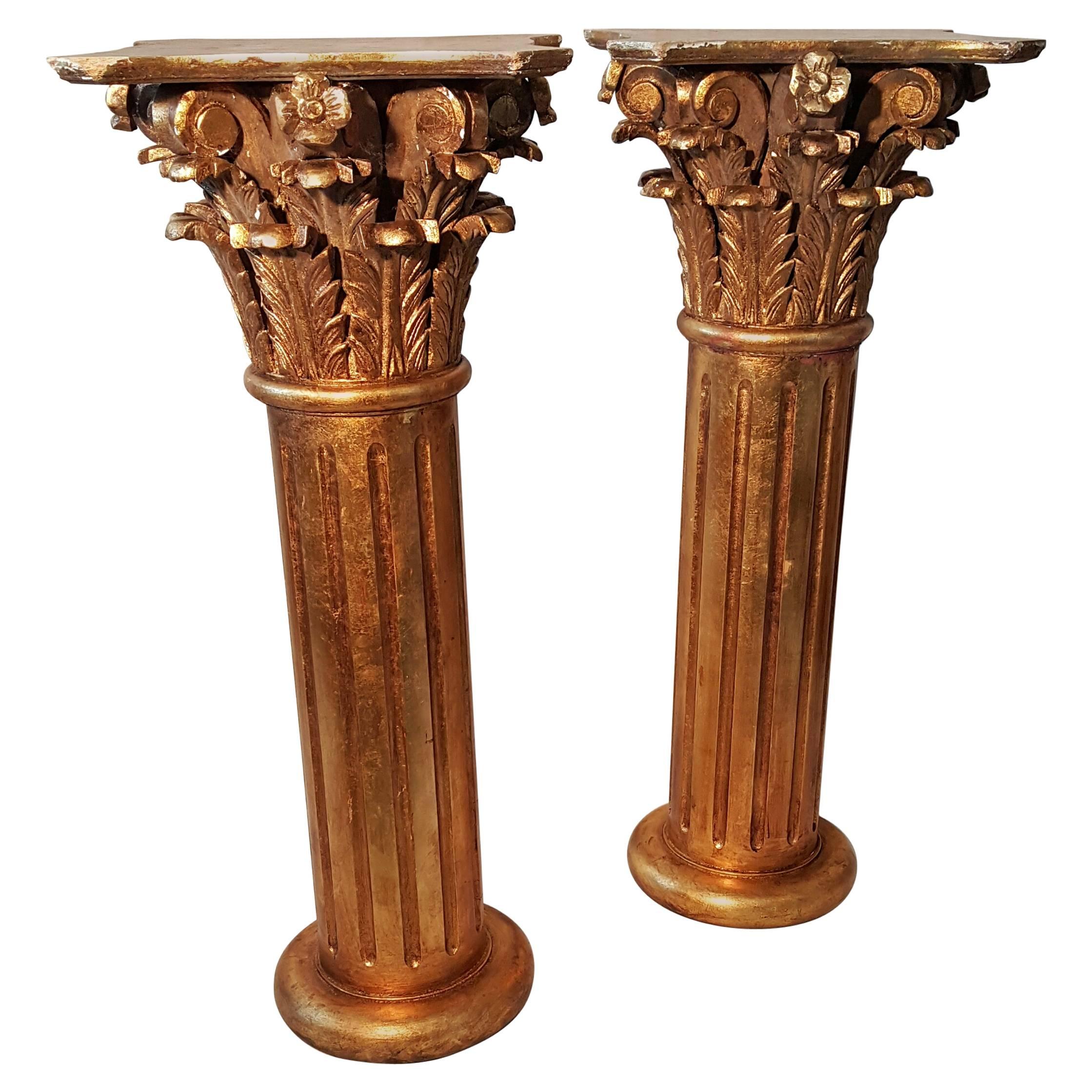 Large Matched Pair of Carved Wood Corinthian Column Pedistals, Gilded, Italy