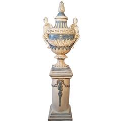 Monumental Italian Majolica Figured Urn and Pedestal, 71" Tall