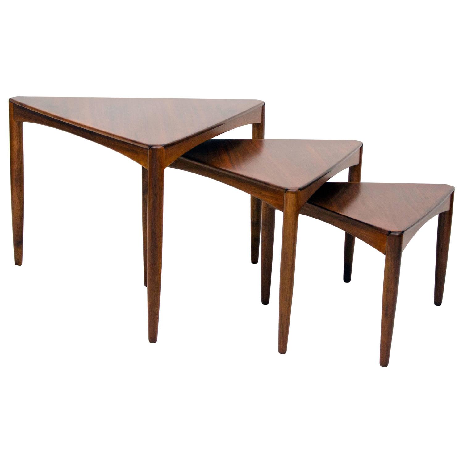 Set of Three MidCentury Walnut Triangular Nesting Tables at 1stdibs