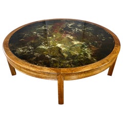 Extra-Large Round Abstract Verre Églomisé and Walnut Coffee Table, Late 1960s