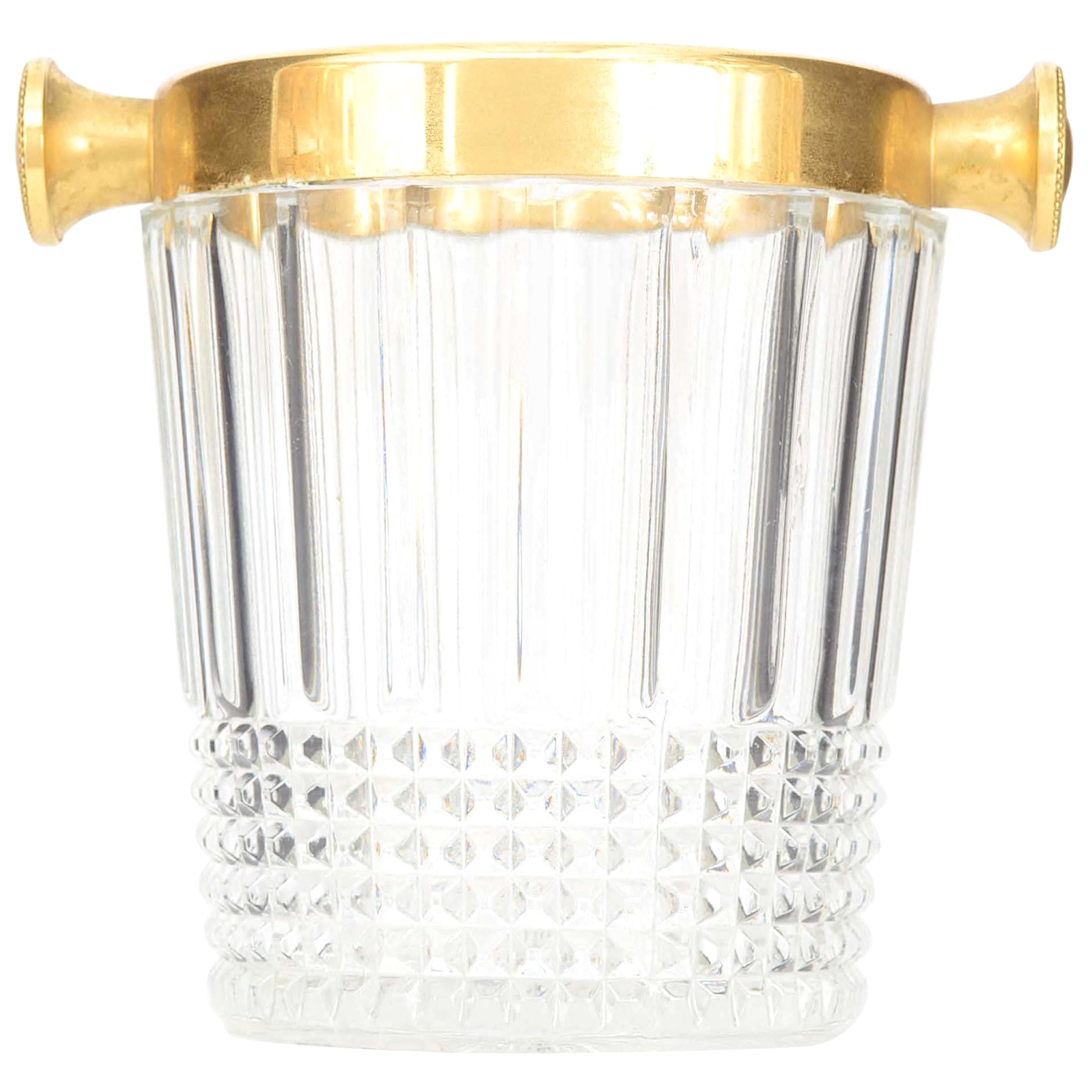Mid-Century Cut Glass and Brass Ice Bucket