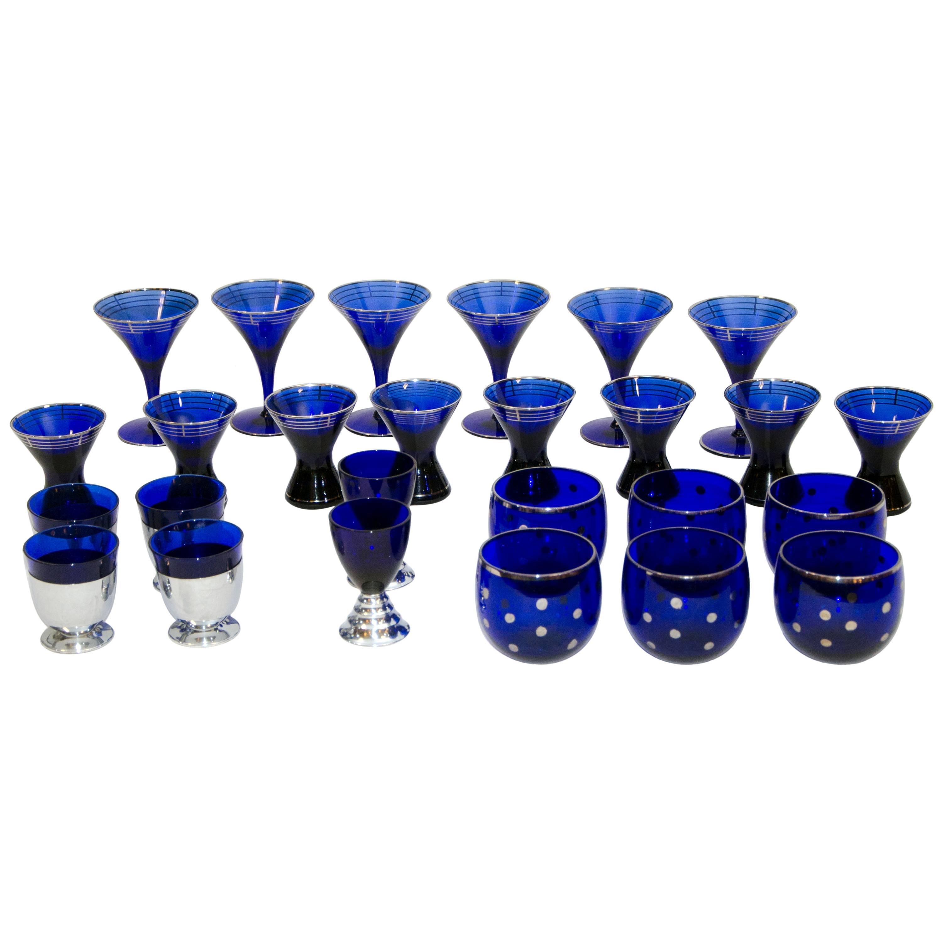Collection of Art Deco Cobalt Blue Cocktail or Bar Glassware