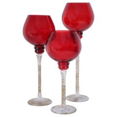 Juego de 3 copas de cristal veneciano italiano rojo y dorado