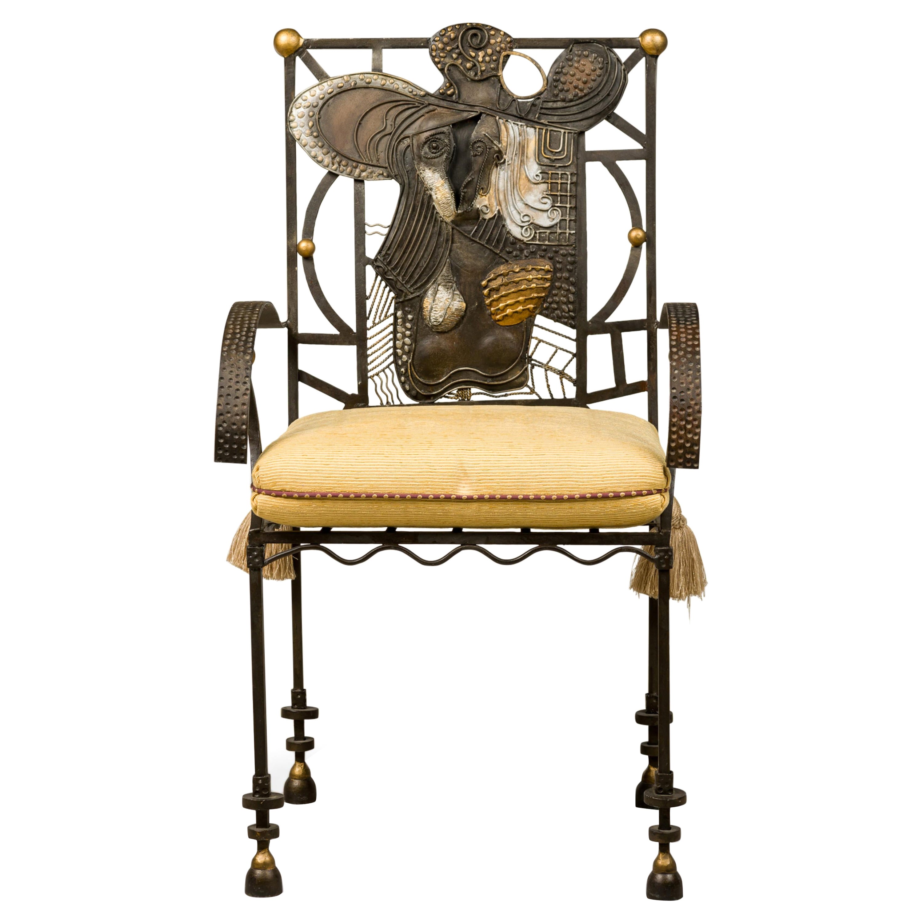 American Modern Surrealist Parcel Gilt Steel Armchair For Sale