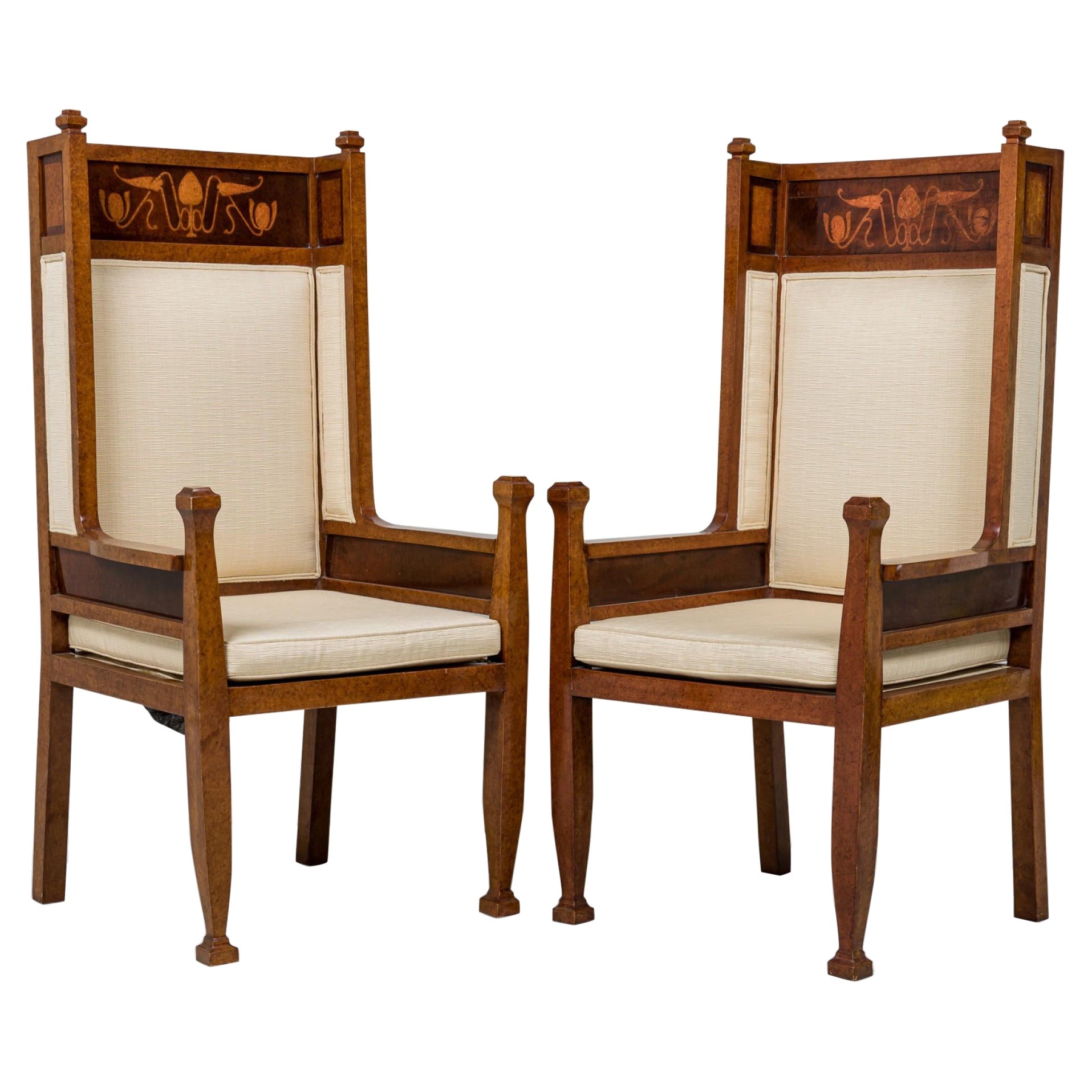 Paire de fauteuils tapissés à haut dossier Art Déco suédois marquetés Carl Malmsten