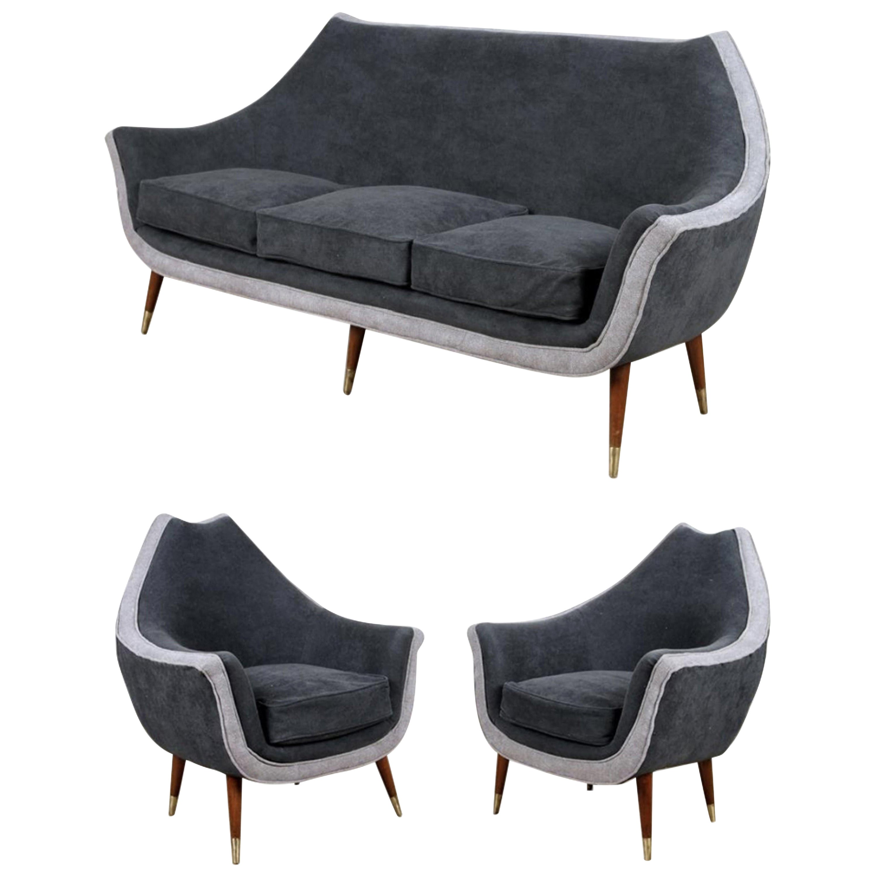 Set of Mid-Century Two-Tone Gray 3-Piece Living Room Set