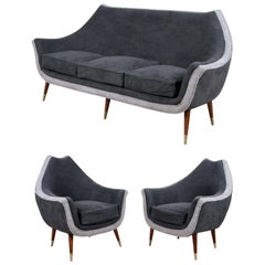 Set of Mid-Century Two-Tone Gray 3-Piece Living Room Set