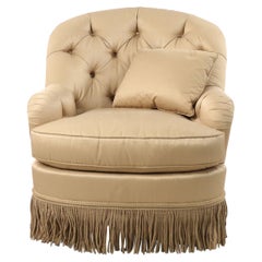 English Victorian Style Beige Tufted Fringed Tub Armchair