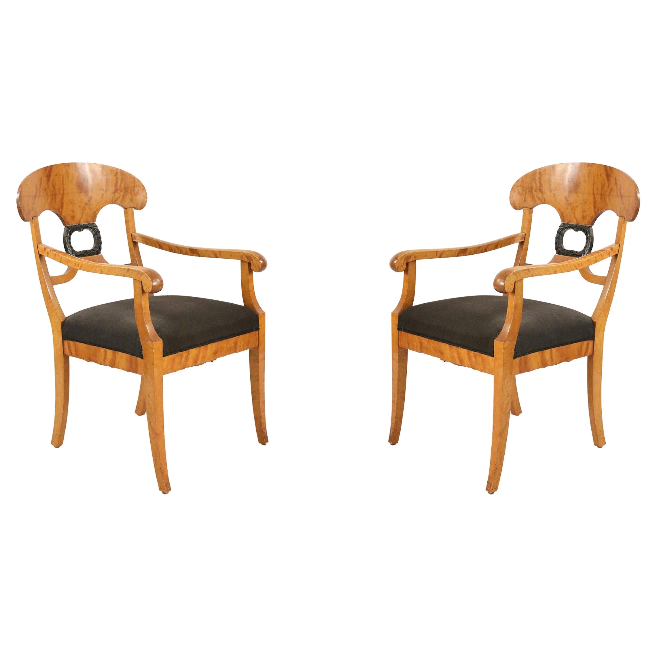 Pair of Biedermeier Style Wood and Black Upholstery Dining Armchairs